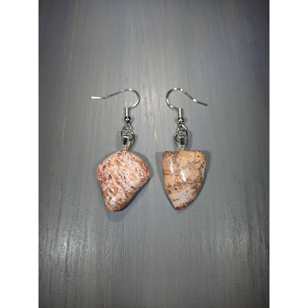 Leopardskin Jasper‎ Stone Earrings Nickel-Free Silver Tone Dangle Boho Natural